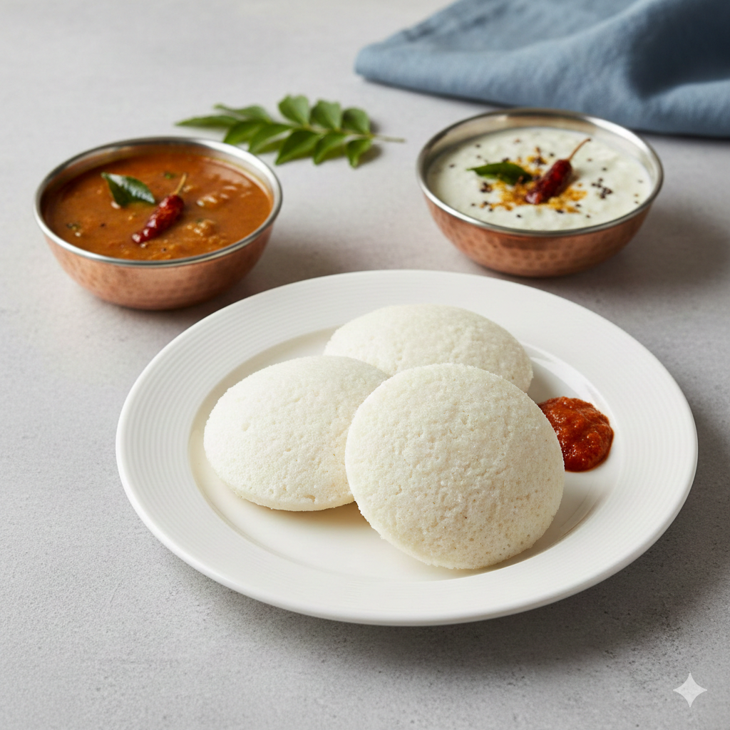 Traditional Idli served with Sambar and Coconut chutney