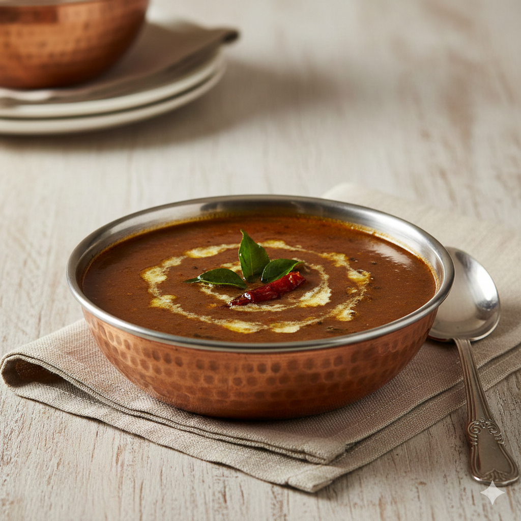 Traditional Ulavacharu served in copper bowl