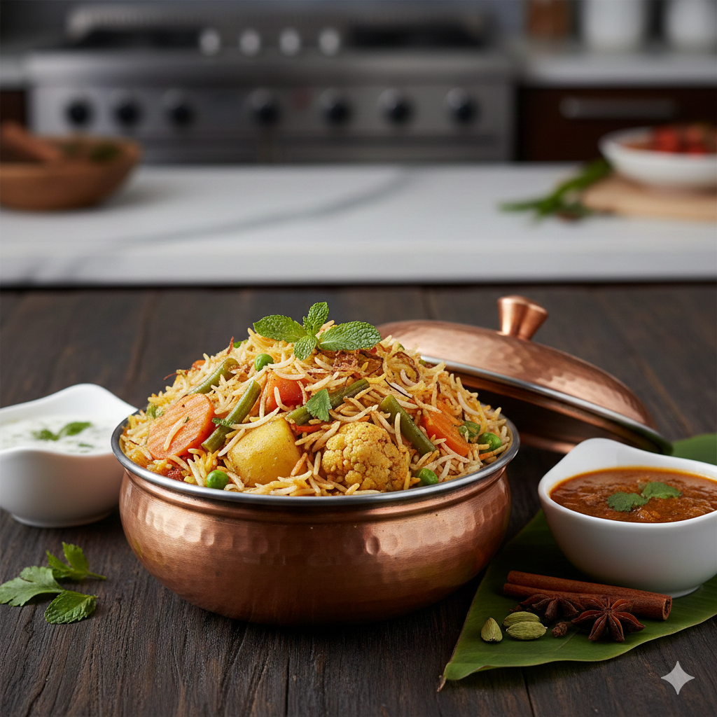 Traditional Veg Biryani served in copper handi